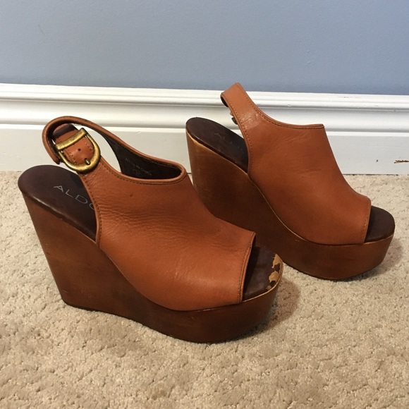 ALDO sling back peep toe brown wedge, size 7 - Picture 2 of 6